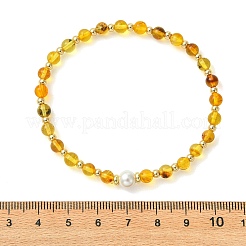 Pulseras elásticas redondas de ámbar natural y perlas de concha de 5 mm.&nbsp;BJEW-JB14313