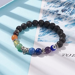 Bracelet extensible en pierre de lave naturelle et mélange de pierres et de tubes en alliage avec mauvais œil au chalumeau&nbsp;BJEW-JB08320-01