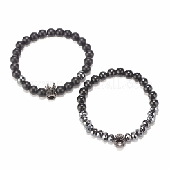 2 pz 2 bracciali elastici in ematite sintetica e pietra nera e ossidiana naturale con teschio in zirconia cubica&nbsp;BJEW-JB08120-03