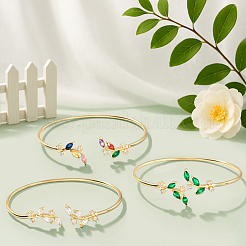 3 шт. 3 цвета элегантные латунные браслеты-манжеты в форме листа с кубическим цирконием для женщин&nbsp;BJEW-GO0003-01G