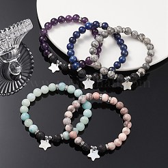 Pietra lavica naturale e ematite sintetica e braccialetti elasticizzati con perline di pietre preziose miste con ciondoli a forma di stella di conchiglia&nbsp;BJEW-JB09402