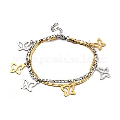 Bracciale multifilo a doppio strato con ciondoli per donna in acciaio inossidabile 304 bicolore con catene a serpente piatte e a maglie&nbsp;BJEW-C025-03
