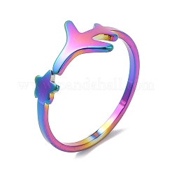 Ионное покрытие(ip) 304 нержавеющая сталь звезда и самолет открытое кольцо-манжета для женщин&nbsp;RJEW-M149-12RC