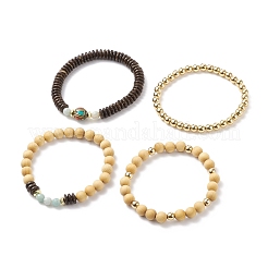 4 pz 4 braccialetti elastici in legno con fiori naturali in amazonite ed ematite sintetica con perline indonesiane&nbsp;BJEW-JB08360