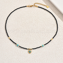 Винтажная нержавеющая сталь паве синтетическая бирюза кулон в форме сердца стеклянные граненые круглые бусины ожерелья для женщин&nbsp;UN1640