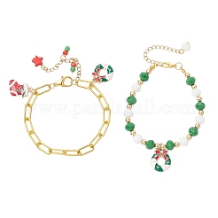 2pcs 2 styles de bracelets à breloques en alliage émaillé sur le thème de Noël et ensembles de bracelets à chaîne en fer avec trombone&nbsp;BJEW-JB12443-03