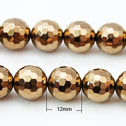 Non-magnetic Synthetic Hematite Beads Strands, Vacuum Plating, Faceted(128 Facets), Round, Red Copper Plated, 12mm