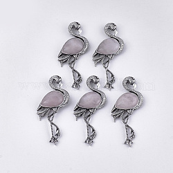 Natürliche Rosenquarz Broschen/Anhänger, mit Legierung-Zubehör, Flamingo-Form, Antik Silber Farbe, 83.5x38x12 mm, Bohrung: 4x3 mm, Stift: 0.7 mm