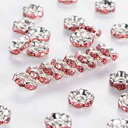 Abalorios de latón Diamante de imitación espaciador, Grado A, rhinestone rosa, color plateado, sin níquel, tamaño: aproximamente 6 mm de diámetro, 3 mm de espesor, agujero: 1 mm