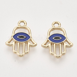 Light Gold Plated Alloy Pendants, with Enamel, Hamsa Hand/Hand of Fatima/Hand of Miriam with Evil Eye, Blue, 20x15.5x2.5mm, Hole: 2mm