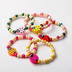 Legno bracciali elastici per i bambini, regali per bambini, con coccinella perle di colore casuale, colore misto, 45mm