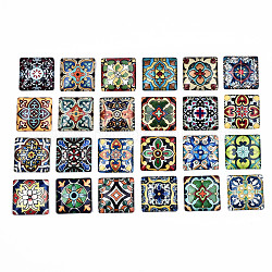 Cabochons en verre, carré avec motif carrelage, couleur mixte, 25x25x7mm, 24 pièces / kit