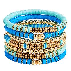 Set di bracciali elastici in ematite sintetica e argilla polimerica con perline heishi, bracciali da donna con perline rotonde placcate oro, dodger blu, diametro interno: 2-1/4 pollice (5.7 cm), 7 pc / set
