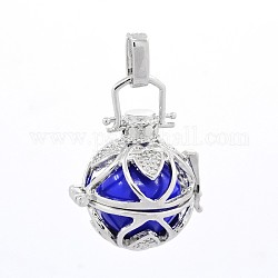 Platinum Tone Brass Cage Pendants, Chime Ball Pendants, with Brass Spray Painted Round Beads, Lead Free & Nickel Free & Cadmium Free, Blue, 29x23x19.5mm, Hole: 7x3mm