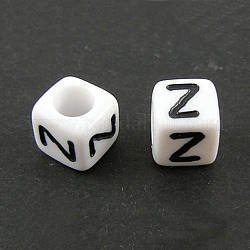 White Letter Acrylic Cube Beads, Horizontal Hole, Letter Z, Size: about 6mm wide, 6mm long, 6mm high, hole: 3.2mm, about 300pcs/50g