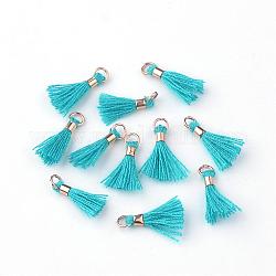 Polycotton(Polyester Cotton) Tassel Pendant Decorations, with Unwelded Iron Jump Rings, Golden, Dodger Blue, 10~16x2mm, Hole: 1.5mm