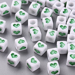 Cuentas acrílicas opacas blancas, cubo con el corazón, verde lima, 6.5x6x6mm, agujero: 3 mm