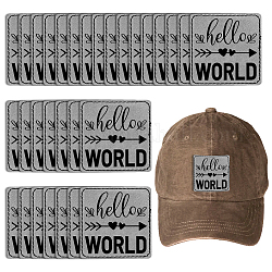 Etiquetas de etiquetas de ropa de imitación de cuero, cuadrado con la palabra hola mundo, plata, 63.5x63.5x1.2mm, 25 PC / sistema