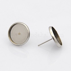 Accessoires de puces d'oreilles plates et rondes en 304 acier inoxydable, couleur inoxydable, Plateau: 10 mm, 12mm, pin: 1 mm
