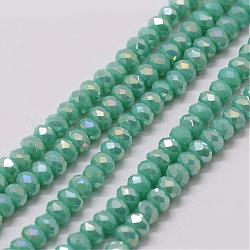 Fili di perle di vetro placcato, rondelle, sfaccettato, arcobaleno placcato, verde mare medio, 3~3.5x2mm, Foro: 1 mm, circa 120~125pcs/filo, 12.4 pollice