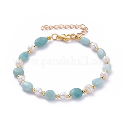 Bracelets de perles amazonite naturel, avec des perles de nacre naturelle, perles en laiton et fermoirs mousquetons en 304 acier inoxydable, 9-1/2 pouce (24.2 cm)