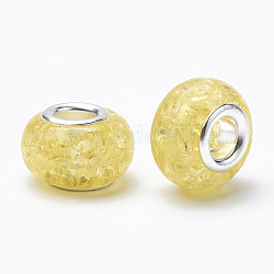 Perles européennes en crackle résin, Perles avec un grand trou   , avec noyaux en laiton plaqué couleur argent, rondelle, champagne jaune, 13.5~14x8.5~9mm, Trou: 5mm