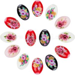 Arricraft 24pcs 6 couleurs imprimées et peintes à la bombe perles de verre opaques, ovale avec motif floral, couleur mixte, 15x10mm, Trou: 1.6mm, 4 pcs / couleur