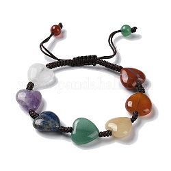 Bracelets de perles tressées en forme de cœur, pierres précieuses naturelles mélangées, bracelet réglable thème chakra, diamètre intérieur: 1-5/8~2-1/2 pouce (4.2~6.2 cm)