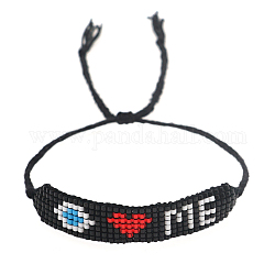 Love me and evil eye bracelet de perles tressées en graines de verre miyuki pour femme, noir, 11 pouce (28 cm)