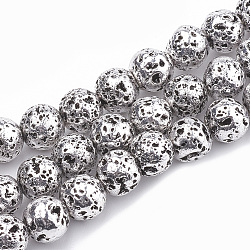 Fili di perle di roccia lavica naturale elettrodeposta, tondo, Argento Placcato, 6~7mm, Foro: 1 mm, circa 61pcs/filo, 15.7 pollice