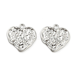 Brass Pendants, Textured Heart Charms, Real Platinum Plated, 17.5x18x1mm, Hole: 1.5mm