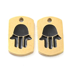 304 Stainless Steel Charms, with Enamel, Real 14K Gold Plated, Rectangle with Hamsa Hand Charm, Black, 8x5x1mm, Hole: 0.7mm