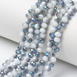 Chapelets de perles en verre opaque de couleur unie, demi-plaqué, bleu plaqué, facette, rondelle, fumée blanche, 8x6mm, Trou: 1mm, Environ 65~68 pcs/chapelet, 15.7~16.1 pouce (40~41 cm)