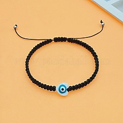 Coeur mauvais œil coquille perle tressée bracelets de perles, bracelets réglables en cordon de polyester pour femmes, noir, coeur: 3/8 pouce (1cm)