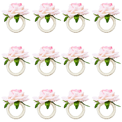 Servilleteros de yute trenzado, con flor de rosa artificial de seda, para la boda, día de San Valentín, aniversario, rosa, 14mm, diámetro interior: 33.5 mm