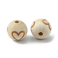 Perles de bois de théacées naturelles, gravé au laser, ronde avec motif coeur, burlywood, 20mm, Trou: 5mm, 20 pcs /sachet 