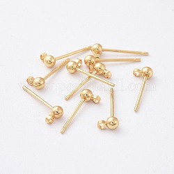 Brass Stud Earring Findings, for DIY Earring Making, with Loop, Real 18K Gold Plated, 15x5x3mm, Hole: 1mm, Pin: 0.7mm