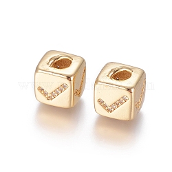 Perles de zircone cubique micro pave en Laiton, Plaqué longue durée, cube avec motif de marque, or, clair, or, 10x8x8.5mm, trou: 1.5x3.5 mm et 4 mm