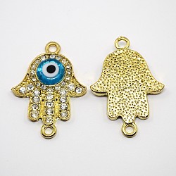 Hamsa Hand/Hand of Fatima/Hand of Miriam with Evil Eye Golden Tone Alloy Middle East Rhinestone Links, Nice for Hamsa Jewelry Making, Golden, Crystal, 38x27x5mm, Hole: 2mm