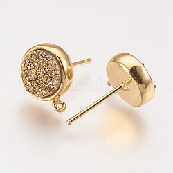 Accessoires de clous d'oreilles en laiton, avec cabochon et boucle en résine druzy, plat rond, or, verge d'or, 12.5x10mm, Trou: 1mm, pin: 0.7 mm