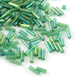 Tube AB-Color Plated Glass Bugle Beads, Transparent Colours Rainbow, Sea Green, 4~4.5x2mm, Hole: 1mm, about 1556pcs/50g