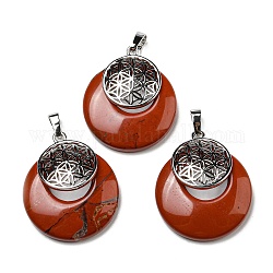 Natural Red Jasper Pendants, Spiritual Charms, with Platinum Tone Brass Findings, Flat Round with Flower of Life/Sacred Geometry, 32~32.5x28~30x7~7.5mm, Hole: 5x8mm