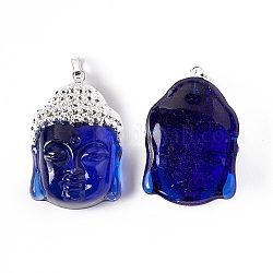 Medium Blue Glass Pendants, with Rack Plating Brass Findings, Buddha Head, Silver, 38.5x26x15.5mm, Hole: 4.5x6.5mm