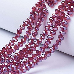 Electroplate Glass Beads Strands, Pearl Luster Plated, Faceted, Rondelle, Medium Violet Red, 4x3mm, Hole: 0.4mm, about 123~127pcs/strand, 16.5~16.9 inch(42~43cm)