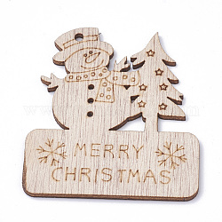 Undyed Wooden Big Pendants, Snowman and Christmas Tree, with Word Merry Christmas, BurlyWood, 68.5x59x2.5mm, Hole: 2.5mm