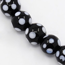 Chapelets de perles rondes vernissées manuelles, à pois, noir, 10mm, Trou: 1mm, Environ 30 pcs/chapelet, 11.02 pouce