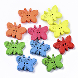 2-Hole Fluorescent Spray Painted Wooden Buttons, Butterfly, Mixed Color, 17.5x23x4mm, Hole: 1.2mm