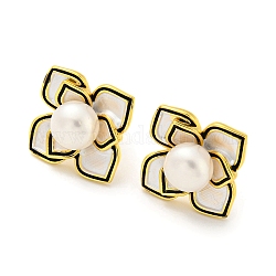 Brass Flower Stud Earrings with Natural Pearl, with 925 Sterling Silver Pins, Real 18K Gold Plated, 14x14mm
