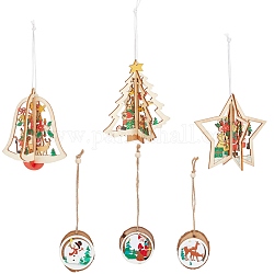 Schluchthandwerk 6Stk 6 Arten hölzerne Weihnachtsverzierungen, hängende Dekorationen des hölzernen Feiertags mit Seil, Mischformen, Mischfarbe, 1pc / style