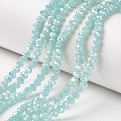 Electroplate Glass Beads Strands, Imitation Jade Beads, Full Rainbow Plated, Faceted, Rondelle, Aquamarine, 6x5mm, Hole: 1mm, about 85~88pcs/strand, 16.1~16.5 inch(41~42cm)